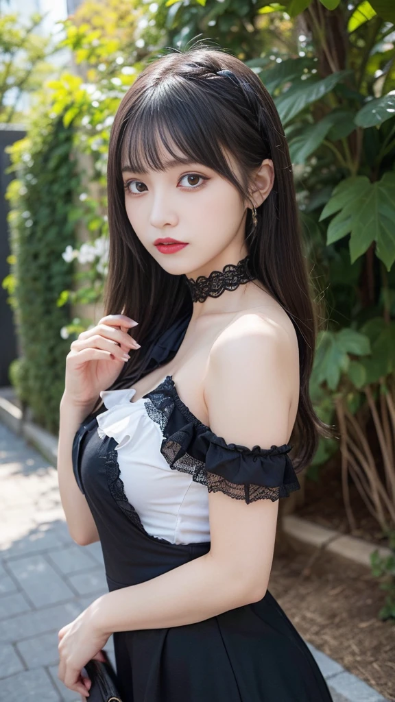 (masterpiece:1.2), (highest quality:1.2), Perfect Eyes, Perfect Face, Perfect lighting, One girl, Mature goth girl woman standing with hands out in front of her, Long Hair, Complicated hairstyle, compensate, Black Lips, Thick eyelashes, sad, melancholy, Dressed as a goth girl, Black and white dress, Frills, ribbon, Puffy sleeves, Exposing shoulders, Lace choker, jewelry, peaceful, quiet, Chill, Detailed outdoor background, Beautiful Landscape, Fantasy, summer, sunny, Sunburned, Flowers, Wood Big Tits