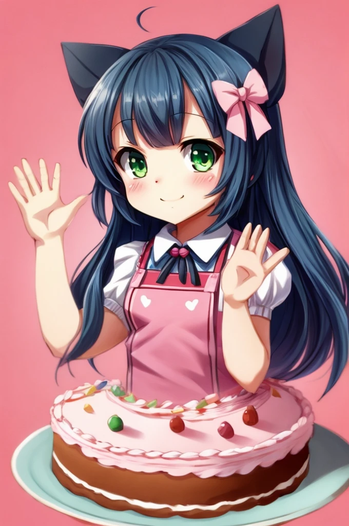 Anime style, a girl, cute, dark blue hair, green eyes, wearing pastry clothes, waving, holding a plate with a slice of cake, pastel pink background 