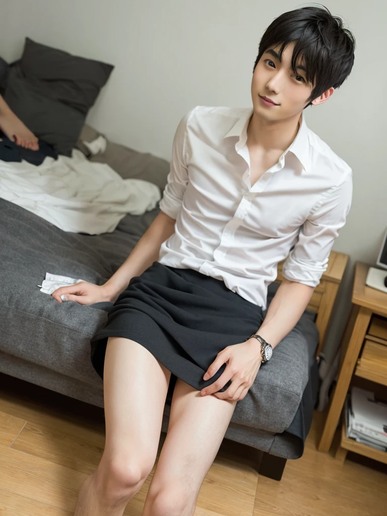 24 year old male, good looking, beautiful boy, hairy, slim, fair skin, Japanese, barefoot, best quality, lipstick, foot fetish, long legs, lower body emphasis, looking at camera, sexy pose, black skirt, white shirt, white underwear