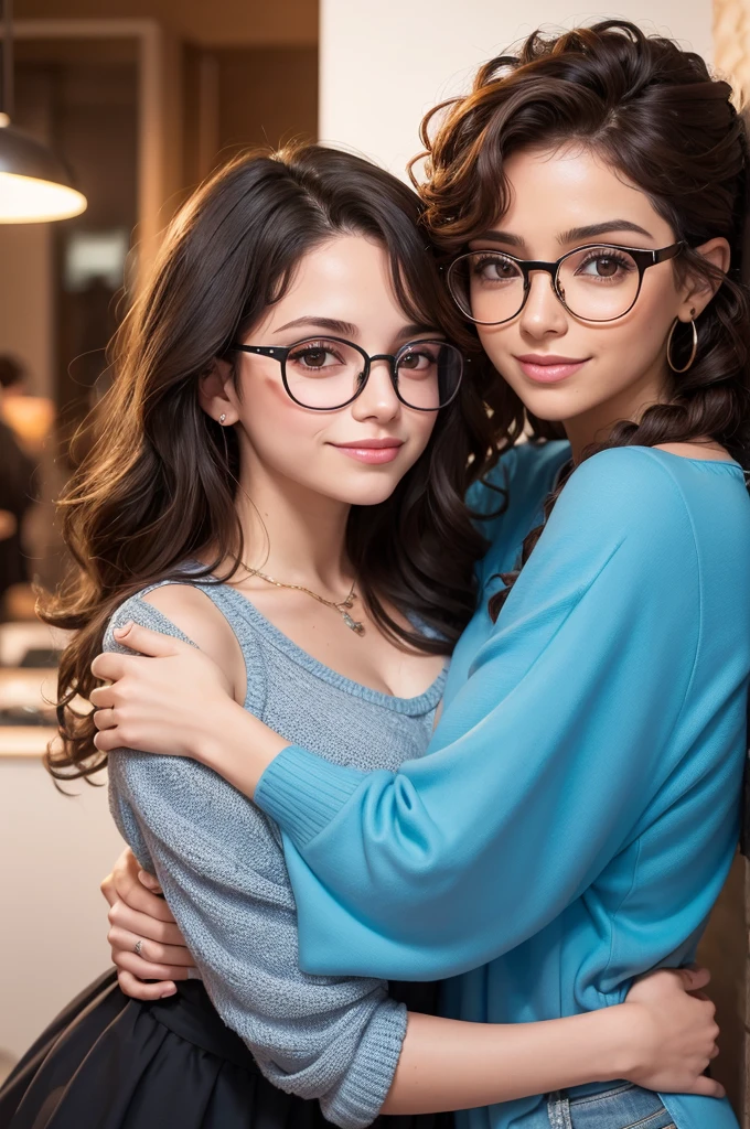 Uma mulher branca cabelo liso olhos cor de mel usando oculos, hugging her brunette friend with curly hair and wearing Disney glasses