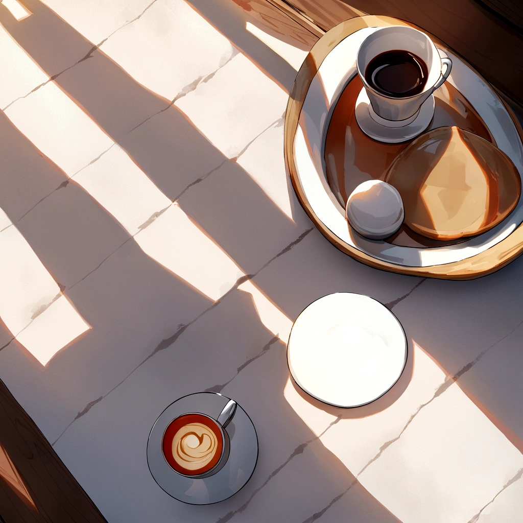 Best Still Life Composition,There is slight smoke in the white ceramic cup.Artist coffee impression.White woolen scarf,clear texture,Place randomly,Sophisticated and elegant.A fresh red rose laid flat from above(Lying flat on the table).latté.modern style.Super detailed.Natural light and shadow.No humans.Ultra wide angle, Fresh and bright light and shadow.Excellent composition