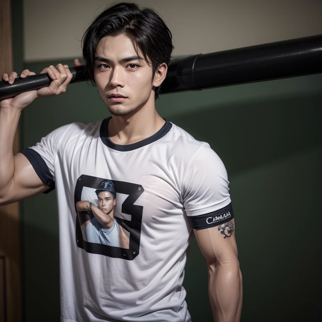 Sexy man holding a baseball bat, tiene brazos fuertes, rostro guapo. Tatuaje en un brazo. Camiseta negra, Asian Face.