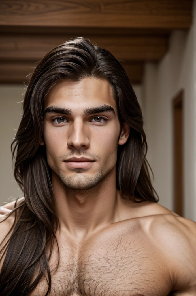 Caucasian man, 24 years old, tall, athletic and defined build , whose straight hair is dark brown, His eyes are brown and he has outlined eyebrows.. Los labios son de tono rosa. 
