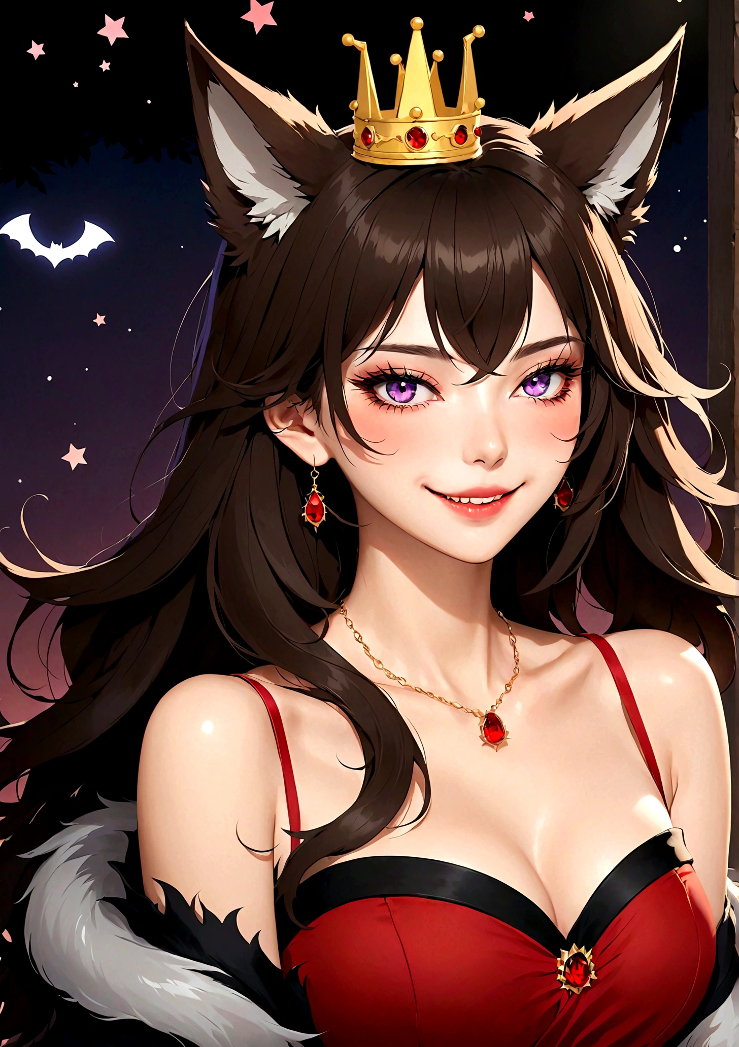 Vector,flat,Simple and smooth lines,A beautiful illustration:Big Bad Wolf:1.37.frying pan:1.37 Beautiful girl sitting elegantly,(((She has a beauty spot:1.37))),Purple Eyes,Delicate lashes,Smile,Smooth skin,Long black hair,Wolf ears, Small Crown,Gorgeous red dress,温顺的Big Bad Wolf。Correct human anatomy,moonlight,bat