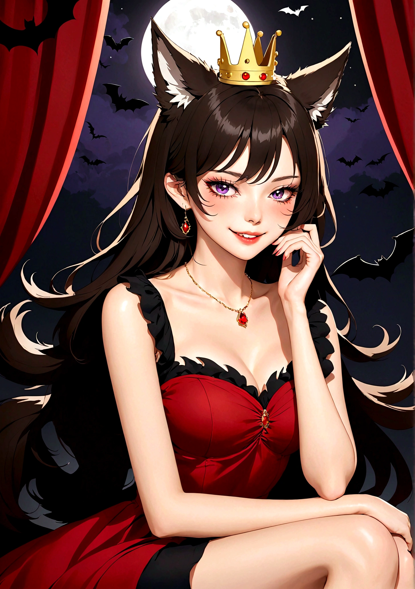 Vector，flat，Simple and smooth lines，A beautiful illustration：Big Bad Wolf:1.37.frying pan:1.37 Beautiful girl sitting elegantly，(((She has a beauty spot:1.37)))，Purple Eyes，Delicate lashes，Smile，Smooth skin，Long black hair，Wolf ears， Small Crown，Gorgeous red dress，温顺的Big Bad Wolf。Correct human anatomy，moonlight，bat