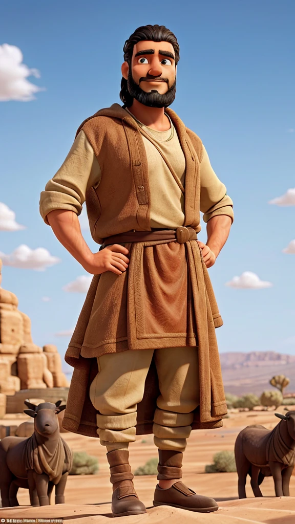 Characters: Job, Description: a robust-looking man of 49 years young from hard work, Era: ancient biblical times, Clothing: traditional Middle Eastern attire, Location: in the desert under the scorching sun, Action: stands under the scorching sun, raising his calloused hands in a gesture of reverence, Background: simple tents dot the landscape with a flock of sheep grazing nearby, Shot type: wide shot, Style: hyper-realistic, photo realism, cinematography 