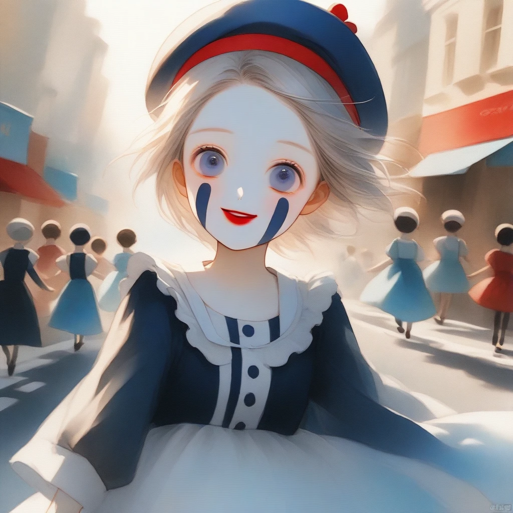 a very happy skinny boy dressed up as a mime, wearing mime makeup, has dark blue eyes, wearing a beret, performing on the streets