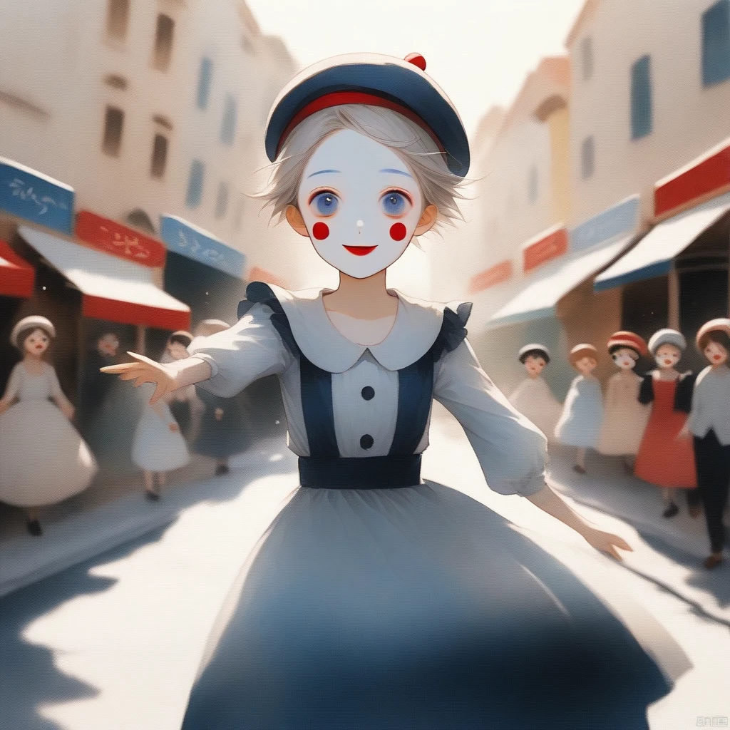 a very happy skinny boy dressed up as a mime, wearing mime makeup, has dark blue eyes, wearing a beret, performing on the streets