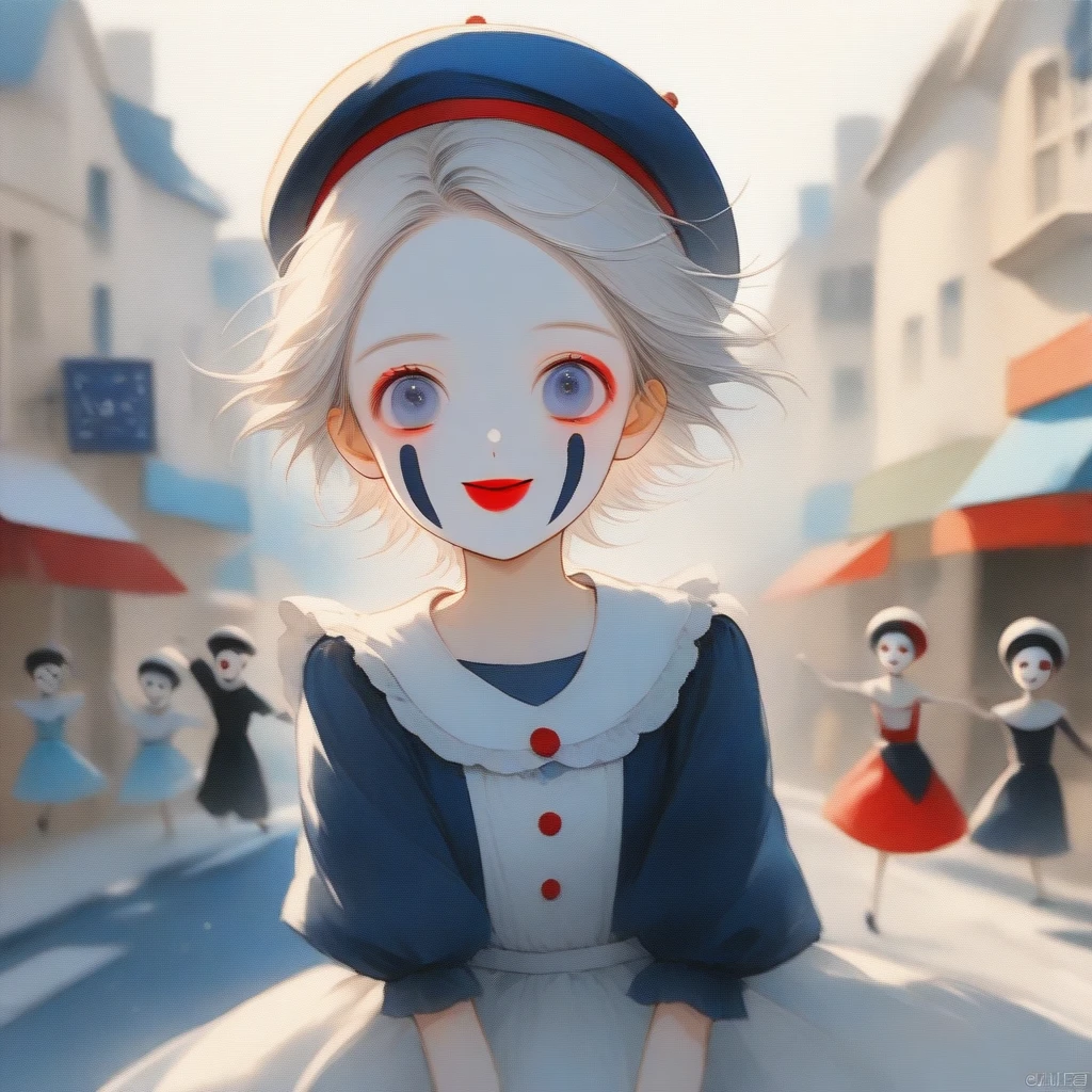 a very happy skinny boy dressed up as a mime, wearing mime makeup, has dark blue eyes, wearing a beret, performing on the streets