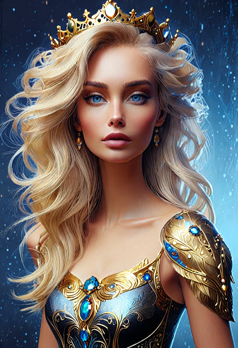 a queen with blond hair, "her body is visible in its entirety"