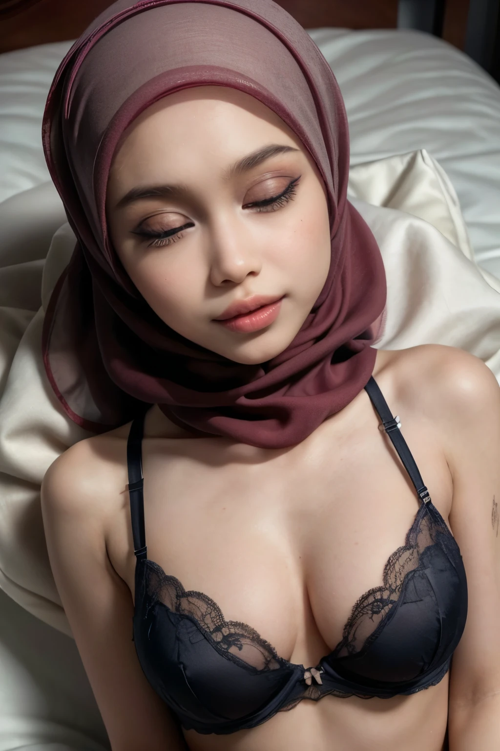 Sexy Lingerie ((SLEEPING BEAUTY)), ((EYES WIDE )), ((OPEN BIG HUGE EYES)), Very Thin body ((Wearing Bra Lingerie)), (((HIJAB MALAY GIRL))), masutepiece, High quality, UHD 32K, Realistic face, Realistic skin feeling , A Malay Lady, . ((Face cute like a baby)), STRAWBERRIES pop
