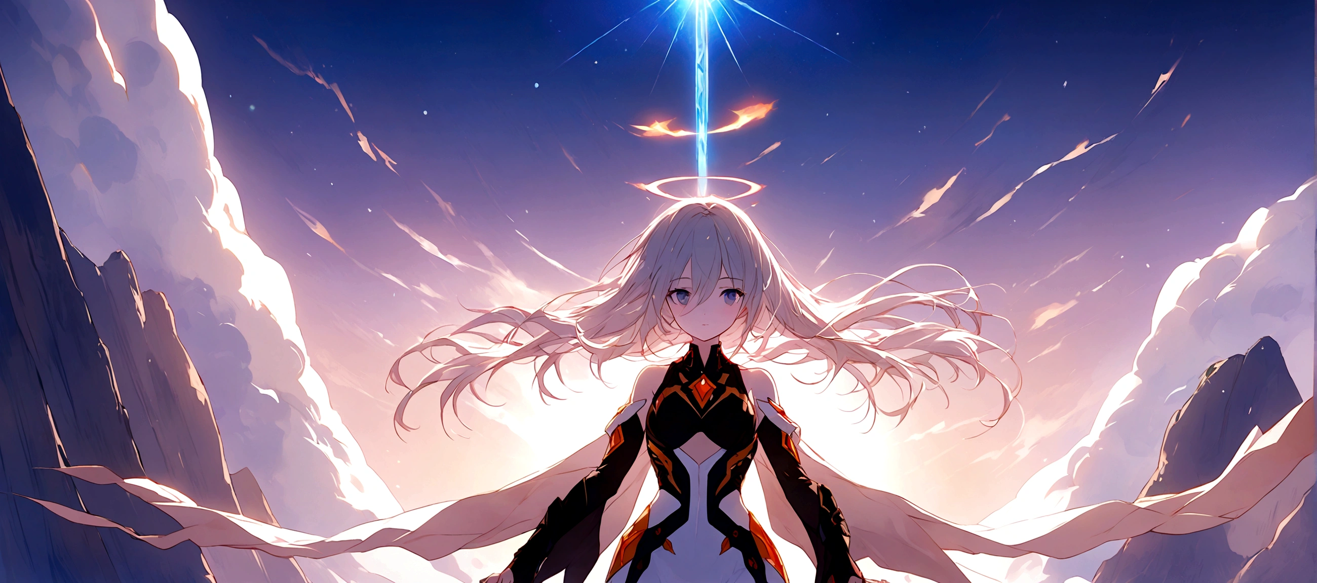 Picture a scene steeped in the depths of space science fiction warfare, where a female commander emerges as the embodiment of resilience and command. Her presence is striking, with white hair that cascades like a cosmic waterfall, tinged with a subtle shade of glowing blue, reminiscent of the distant nebulas. She stands boldly in the midst of an burned interstellar conflict to punish the wicked, her advanced space uniform pristine and decorated with the emblems of her esteemed position as a commander. The commander’s hat she wears is not just a piece of attire but a symbol of her earned authority. Clutched in her grasp is a mystical sword, its blade alight with an ethereal flame that whispers of ancient power and forgotten lore. As she raises the sword, it seems to resonate with the energy of the cosmos itself. Behind her, the theater of war is set against the breathtaking backdrop of a contact binary star system, its twin suns weaving a dance of light spark and gravity that illuminates the void. Their connection forges a radiant arc across the sky, a bridge between worlds and a beacon in the tumultuous dark. This image seeks to capture the commander’s indomitable spirit, the fierce beauty of her unique appearance, and the grandeur of the universe that serves as the stage for this epic saga
