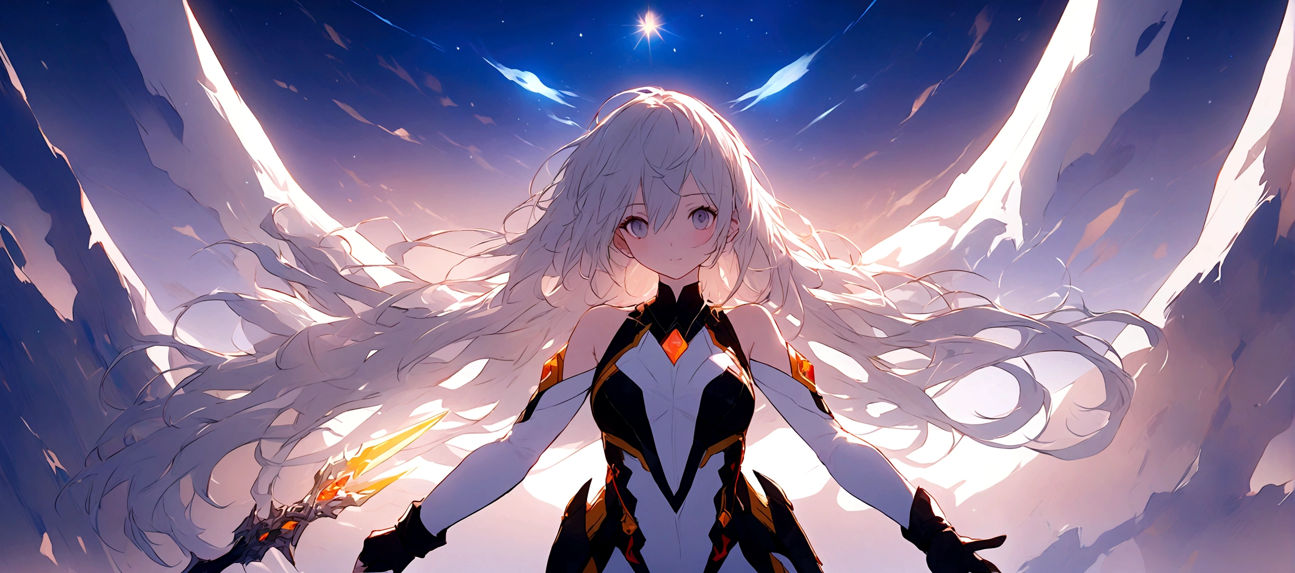Picture a scene steeped in the depths of space science fiction warfare, where a female commander emerges as the embodiment of resilience and command. Her presence is striking, with white hair that cascades like a cosmic waterfall, tinged with a subtle shade of glowing blue, reminiscent of the distant nebulas. She stands boldly in the midst of an burned interstellar conflict to punish the wicked, her advanced space uniform pristine and decorated with the emblems of her esteemed position as a commander. The commander’s hat she wears is not just a piece of attire but a symbol of her earned authority. Clutched in her grasp is a mystical sword, its blade alight with an ethereal flame that whispers of ancient power and forgotten lore. As she raises the sword, it seems to resonate with the energy of the cosmos itself. Behind her, the theater of war is set against the breathtaking backdrop of a contact binary star system, its twin suns weaving a dance of light spark and gravity that illuminates the void. Their connection forges a radiant arc across the sky, a bridge between worlds and a beacon in the tumultuous dark. This image seeks to capture the commander’s indomitable spirit, the fierce beauty of her unique appearance, and the grandeur of the universe that serves as the stage for this epic saga