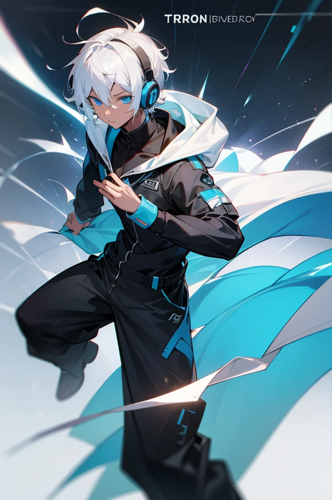 Young adult, Male, white hair, blue Eyes, African American skin color, black jumpsuit, headphones, Trion Body