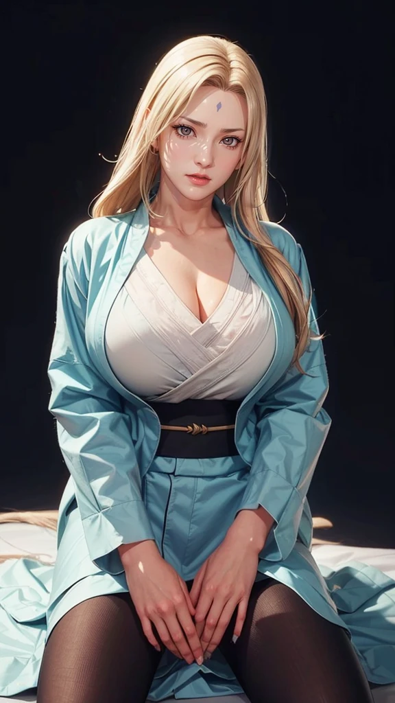 (((Perfect figure,figure,solo, White and tender skin,(((Cyberpunk,hinata, Japanese clothes, sash, jacket,A tea green long jacket with black edges, black belt, ))),(((t5un4d3, Light yellow long hair, blue purple mark on forehead, light yellow thin short eyebrows, bright brown pupils, light red lipasterpiece)),high resolution, ((Best quality at best)),masterpiece,quality,Best quality,((( Exquisite facial features,Looking at the audience,There is light in the eyes,(((Smile,confidence)))),))),型figure:1.7))),(((Light and shadow,Huge breasts))),(((Looking at the camera,black background)))