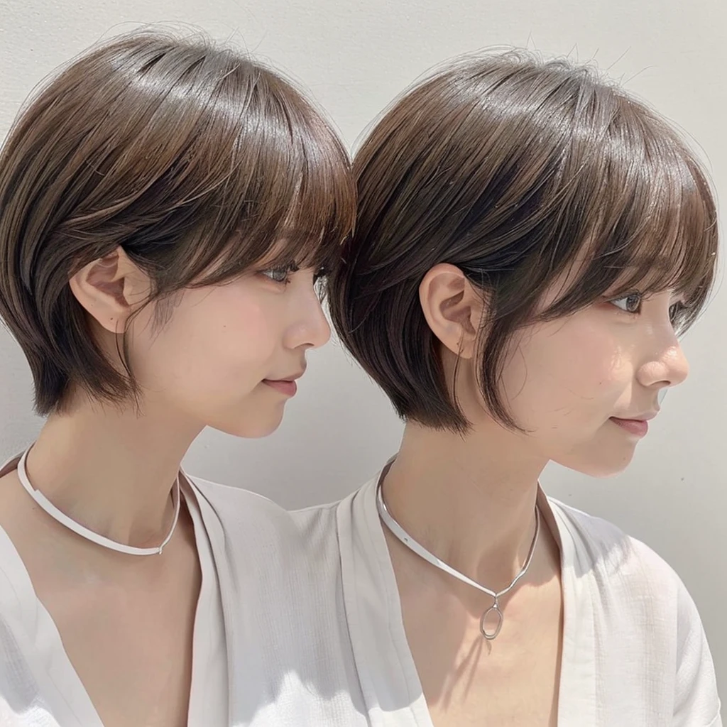 (short-hair:1.6)、(clean, Short hair:1.5)、Ear hook short、(Non-bouncing neckline:1.2)、The upper part of the body、 (1 Japan Woman:1.2)、With bangs、(tight shorthair:1.2)、hiquality、realphoto、(Shooting with iPhone 14 pro:1.1)、（(Plain light grey walls))、Photos that look like real people、(Grey white background:1.3)、tshirts、Fashionable clothes、Brown hair、sideways Facing、(profile:1.2)、(Face in the center of the photo:1.2)、(Take a step away:1.2)、(Beautiful eyes:1.1)、(A slight smil:1.1)、face angle(Face Angle Sideways))))、hair style、Beauty Salon、Korea Trends、