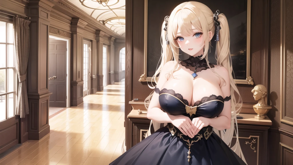 (((masterpiece, best quality))), (((superior quality))), cute girl, ((extremely detailed girl)), ((huge breasts)), (fancy noble dress), strapless top, twin-tail blonde, cleavage