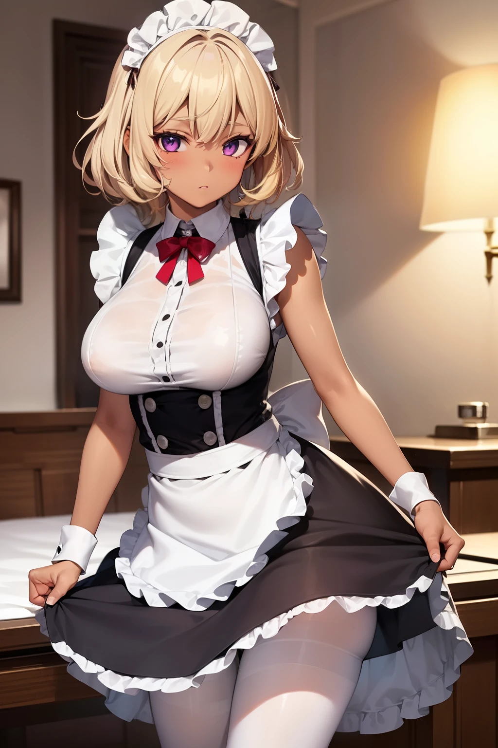 (Tabletop, highest quality, Super detailed), One Girl, Purple eyes, Blonde Hair, Dark Skin, Short Hair、Perm Hair、((White Pantyhose))、(Bedroom)、((Maid clothes))、Long skirt、((See-through panties))、Big Breasts
