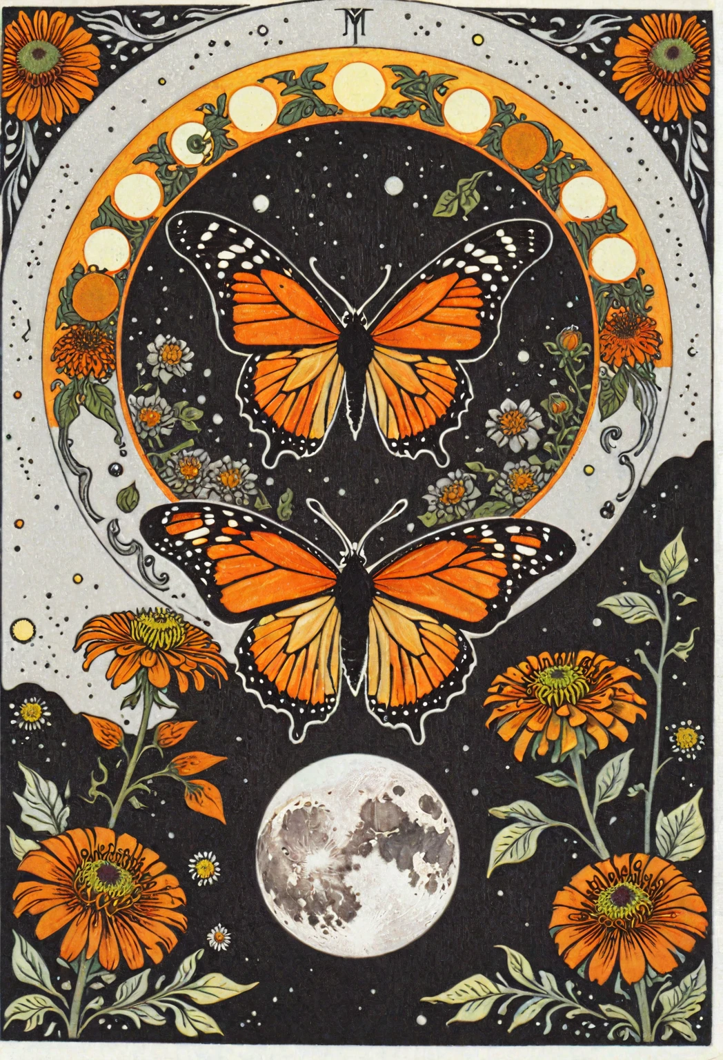 symmetric, balanced, monarch butterfly at the center of the moon surrounded by a frame of zinnia flowers, dark amber and gray colors, ephemeral patterns, witchcore aesthetics, cloisonnism, eleanor vere boyle, Ivan Bilibin Style page, lks73zb1, Inkdrawing, by Kr355e