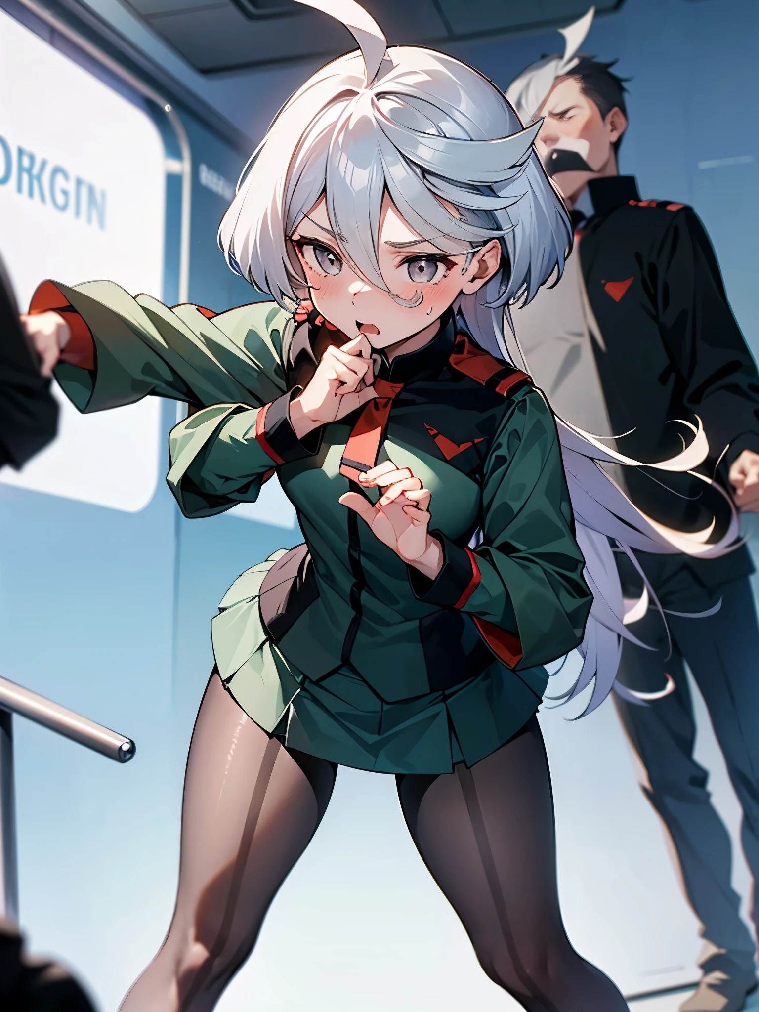 NSFW,(One girl:1.5),miorine1、miorine rembran、Asticasia uniform、solo、Long Hair、Grey Eyes、Grey Hair、Ahoge、Seamed legwear、green micro mini skirt、tie、bangs、Hair between the eyes、Black Pantyhose、Long sleeve、Green jacket、Floating Hair、赤いtie,(Perfect hands),(Perfect Anatomy),(masterpiece),(highest quality),Embarrassed,blush,(train:1.5),(Being molested:1.5)