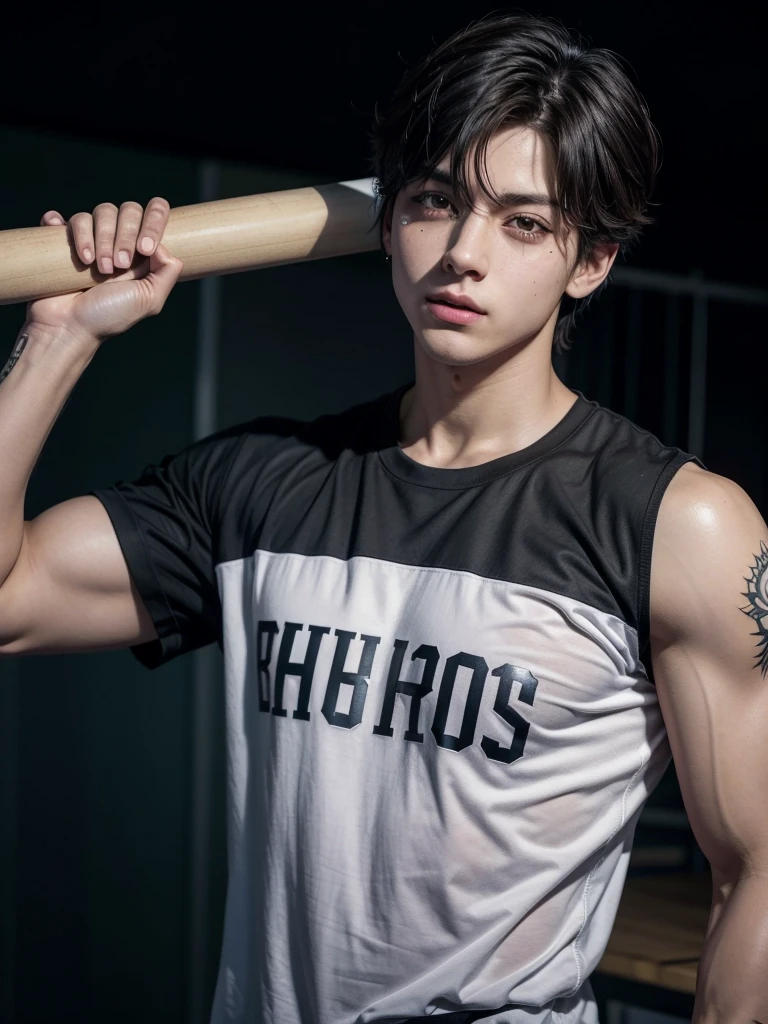 Sexy man holding a baseball bat, tiene brazos fuertes, rostro guapo. Tatuaje en un brazo. Camiseta negra, Jungkook, Jeon Jungkook. BTS