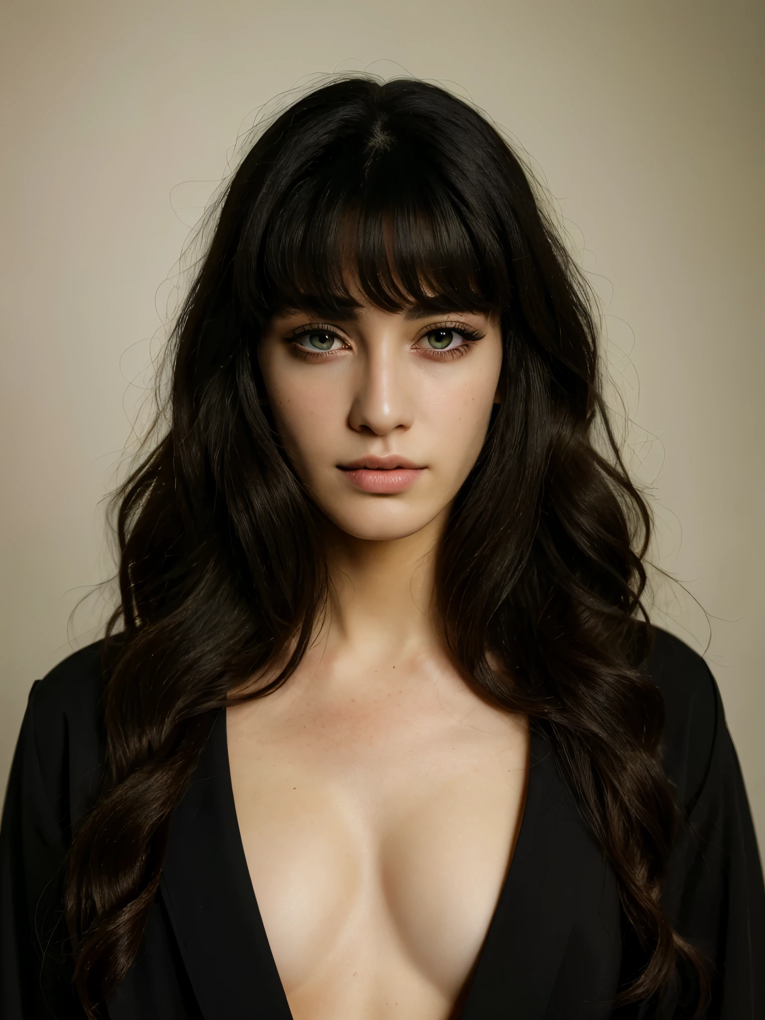 Best quality, masterpiece, ultra high res, (photorealistic:1.5), raw photo, 1 mature girl, nude, in the dark, deep shadow, low key, cold light, sexy look, long black wavy hair with bangs (((black hair))), golden eyes, sharp eyes, eyeshadow, plain white background, nsfw