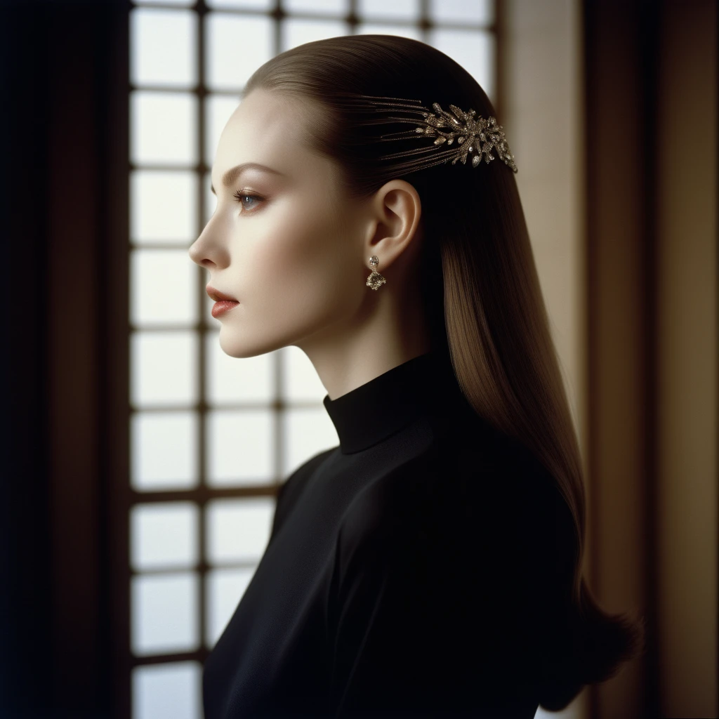 Photograph by Serge Lutens (1.8), pale skin, evil slavic woman, long dark blond hair, in profile, wide angle dim atmosphere, stunning, modern, dark, clean, artsy indoor surrounding, casting a dreamlike atmosphere eyes reflect some light, Shiseido-style Vogue-Style 1990s style and setting Various gentle half body poses and angles Consistent facial and body features Photorealistic and highly detailed Artistic and evocative High-quality finish Ensuring vibrant, detailed features Technical details: wide angle lens Selective focus with Kodak film effect: 1.2 Shallow depths of field