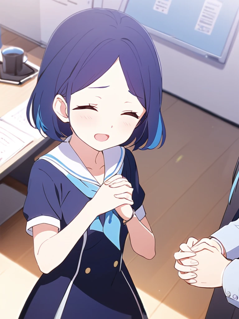 One girl、In the office、Blue Hair、Motivated、Small breasts、Hands clasped together in front of chest、Shaking hands