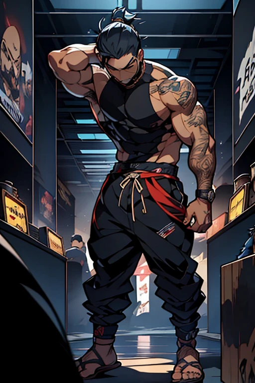 En un bar de estilo manga/anime, lleno de personas animadas, se lleva a cabo una feroz batalla de freestyle en el escenario entre dos rivales: un joven con corte de cabello estilo ninja y barba, y otro calvo y atractivo. The scene includes several dynamic shots.