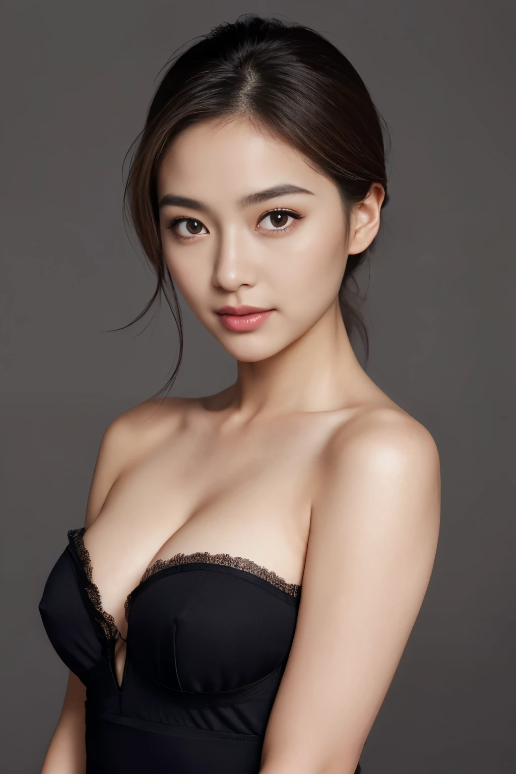 Create a (( mid-shot )) photorealistic image of a beautiful Asian woman with fair, smooth, flawless skin. She has large, round, sparkling eyes with naturally long and curled eyelashes, and well-defined, dark eyebrows. Her nose is straight and high, and her naturally pink, soft lips form a gentle smile. She has short, slightly curled brown hair that highlights her delicate facial features. Her face is oval-shaped, with a wide and high forehead, moderately high cheekbones, and a pointed, slender chin. She is wearing a black lingerie that complements her elegant and feminine appearance. (( waist to top))
