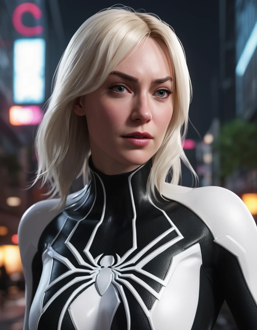 spider Gwen in a black suit with spider in the center of her chest in white, organic looking outfit, gooey forehead, symbiote, white eyes, fine art, ps5 cinematic screenshot,highly detailed detailed cinematic rendering, ultra photorealistic raytricing, with cinematic lighting