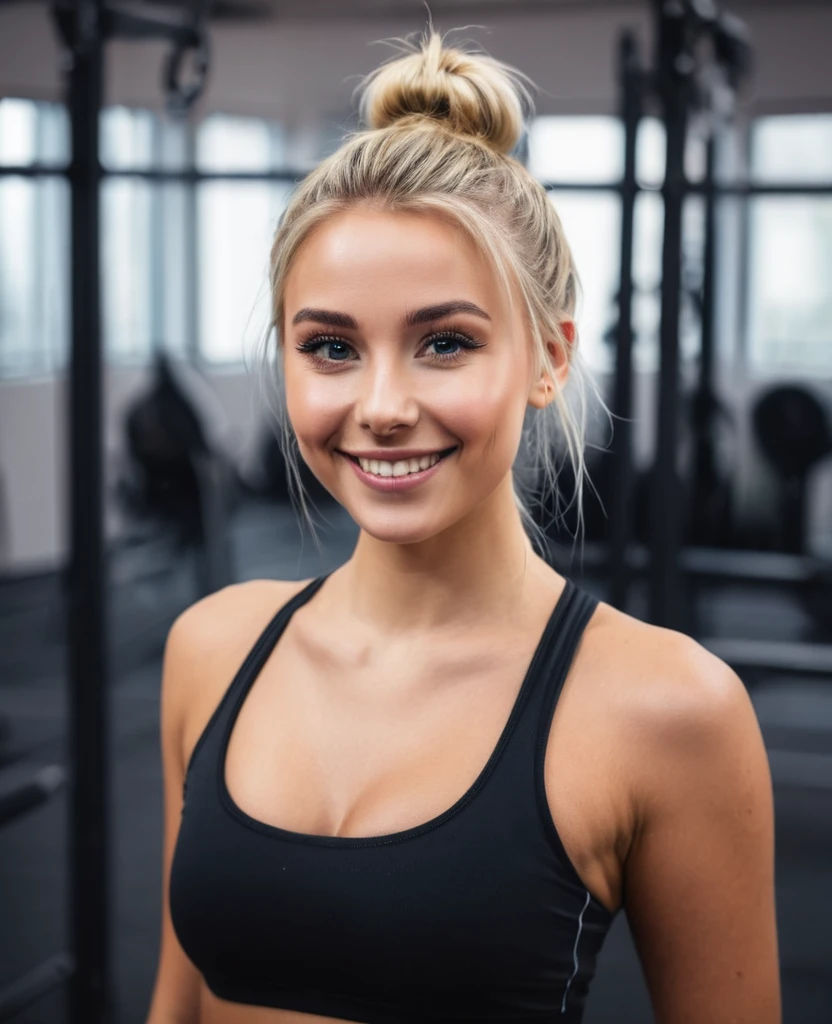 an eye contact of a blond with bun hair and dark theme in gym with smile