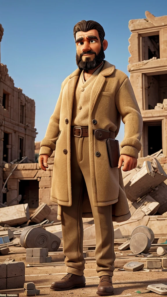 Characters: Job, Description: a robust-looking man of 49 years young from hard work, devastated and distraught, Era: ancient biblical times, Clothing: disheveled traditional Middle Eastern attire, Location: amidst ruins and destruction, Action: witnessing the destruction of his wealth and family, Background: desolate landscape with remnants of his once-prosperous life, Shot type: wide shot, Style: hyper-realistic, photo realism, cinematograph