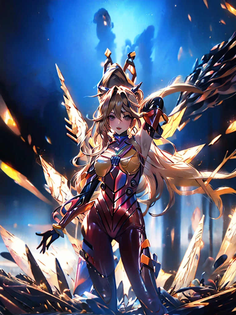 best quality, master part, Realistic, fotorrealista, 1girl, sozinho, Olhando para o Viewer, corpo inteiro, Standing, cabelos longos, Fantasia Cosplay Asuka, Cosplay, Plugsuit, Bodysuit, ornamento de cabelo, Antecedentes detalhados, na rua, Noite, Luz, chuva,