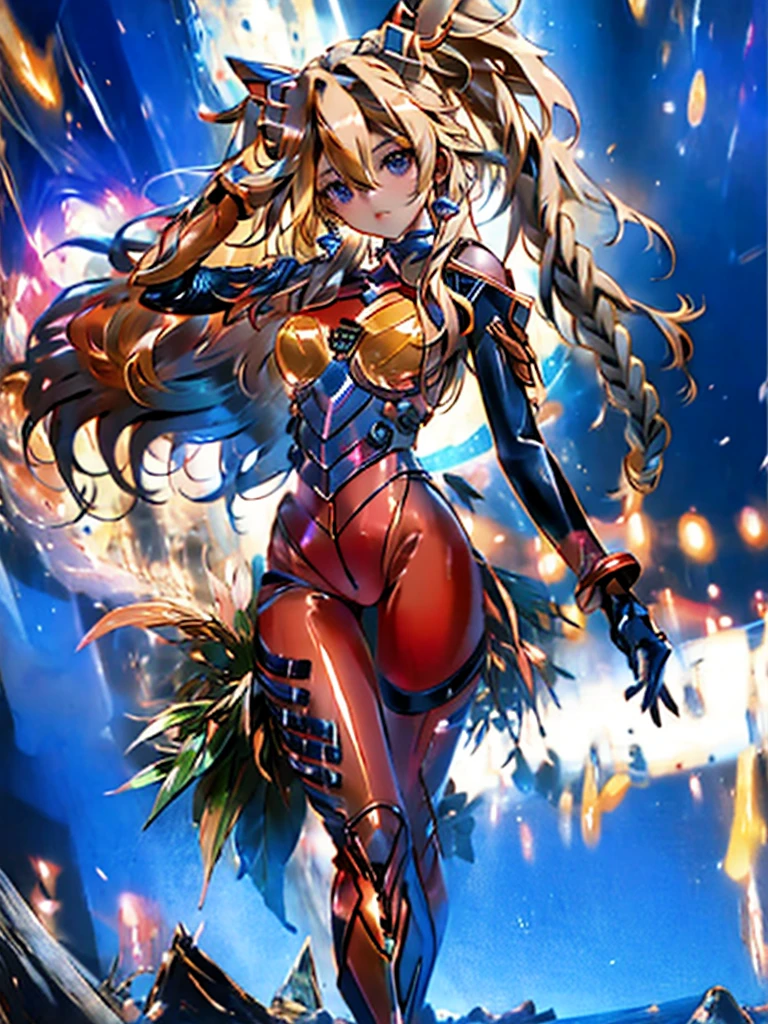 ultra-detailed, Explicit, Beautiful body, Beautiful Nose, Beautiful character design, perfect eyes, perfect face, ultra highres, 4K, beautiful legs, perfect legs, Nice hands, Perfect hand, Masterpiece, Best Quality, Highly detailed, illustration, absurdres, street fighter, doll suit, shadaloo doll, dollsuit, expressionless, blank eyes, looking at viewer, red gloves, emotionless, black latex, corrution, mind control, female combatant, full body, hypnotized, unhappy trance, full body suit, ribbed bodysuit, both arms at side, obey, perfect female body, extremely glossy latex, hypnosis, hypnoLora, empty eyes, Mind control device, poses, submissive_pose, Slave, hat, necktie, stand up straight, standing, standing at attention, hat, necktie, belt, latex, ribbed bodysuit, thighhighs, garter belt, Fighting Stance, extending the right arm from the shoulder into the air with a straightened hand, nazi saluting, military, military saluting, salute, thigh boots, Yu-Gi-Oh!, 1girl, solo, long hair, black hair, yellow eyes, twintails, Ohime the Manifested Mikanko, jewelry, weapon, sword, multicolored hair, earrings, yellow wings, ribbon, feathers,