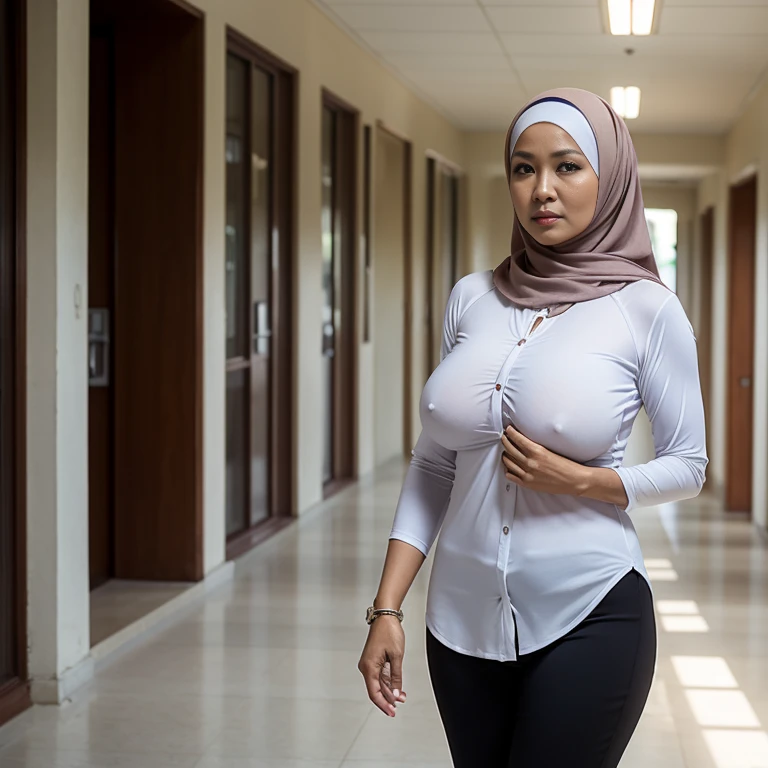 52 years Old, Hijab Indonesian mature woman, Big Tits : 96.9, Long-sleeveles Shirt, Slim body, Breast about To burst out, at School Corridor, Bright light, at Daytime