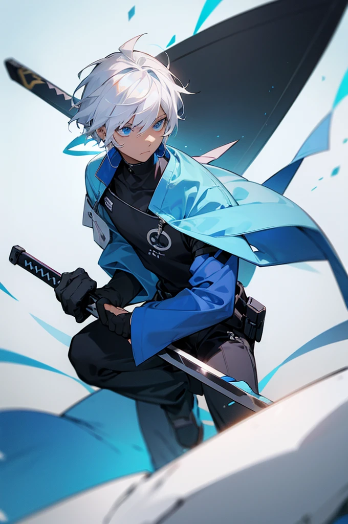 adult, Male, white hair, blue Eyes, African American skin color, black jumpsuit, headphones, Trion Body, Sword.