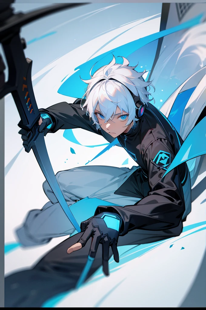  adult, Male, white hair, blue Eyes, African American skin color, black jumpsuit, headphones, Trion Body, Sword.