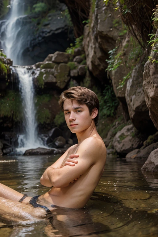 A caucasian  boy have A brown hair and not wearing clotes in the waterfall.