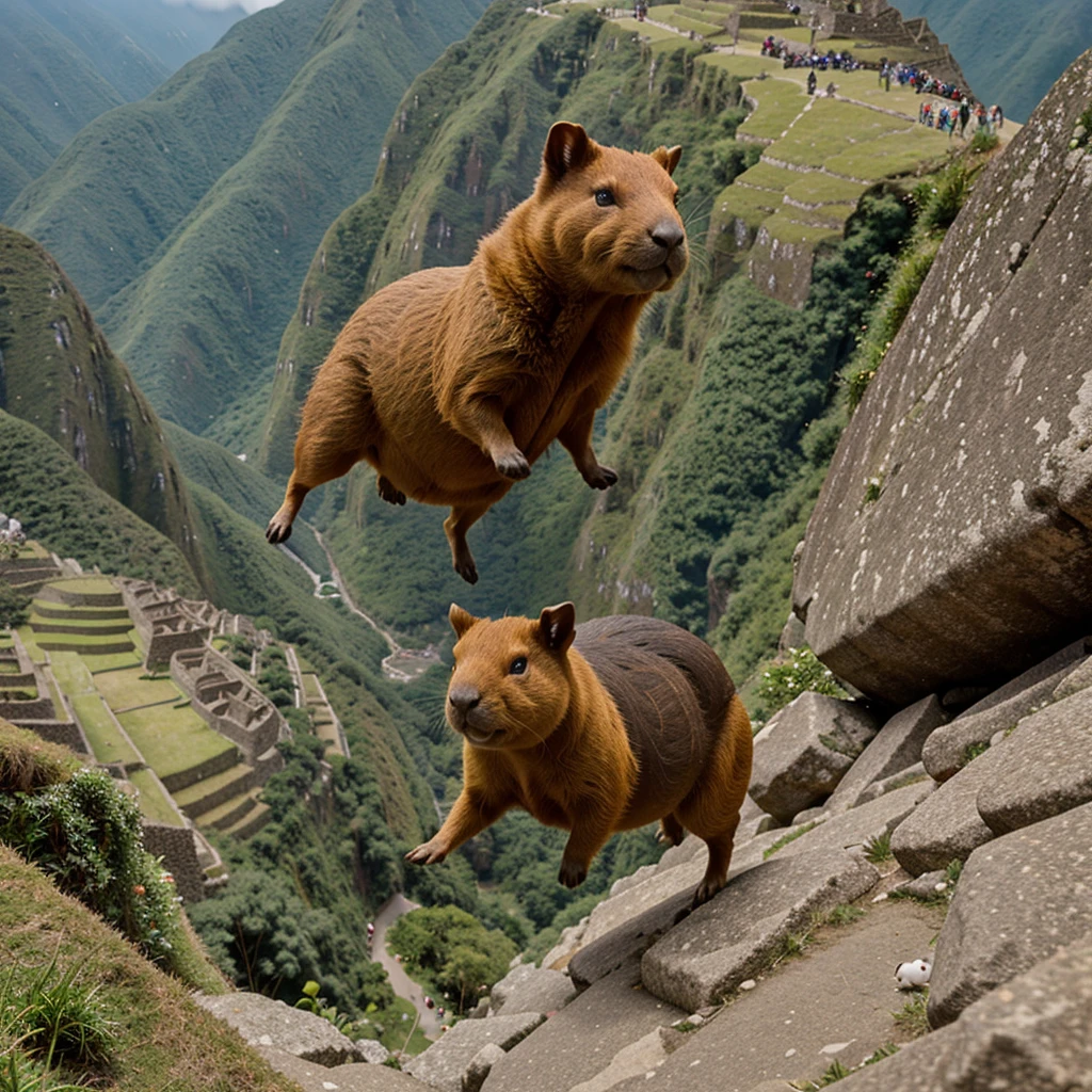 Super hero capybara flying over machu picchu holding a guinea pig