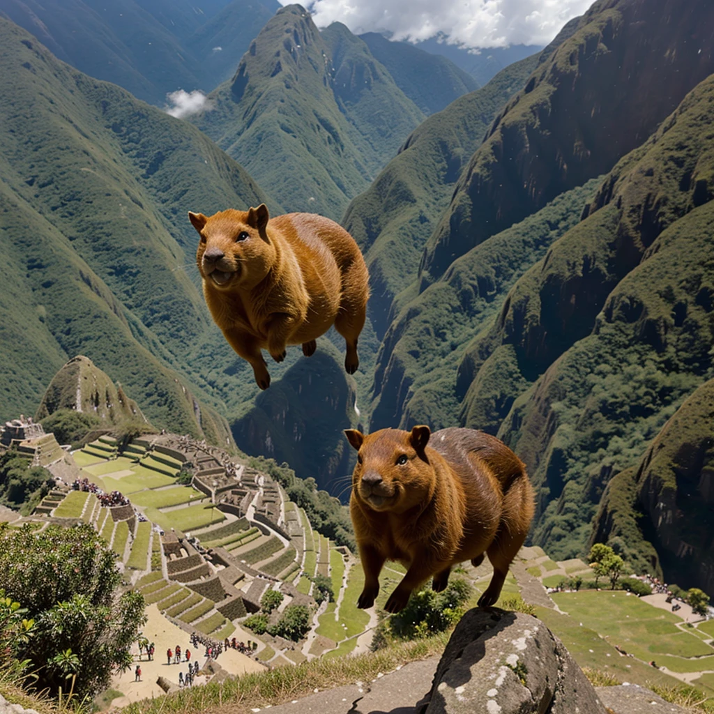 Super hero capybara flying over machu picchu holding a guinea pig