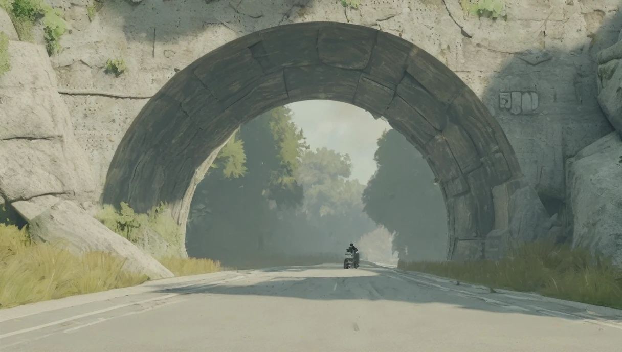 Illustration of a big giant round rock blocking the road、forest