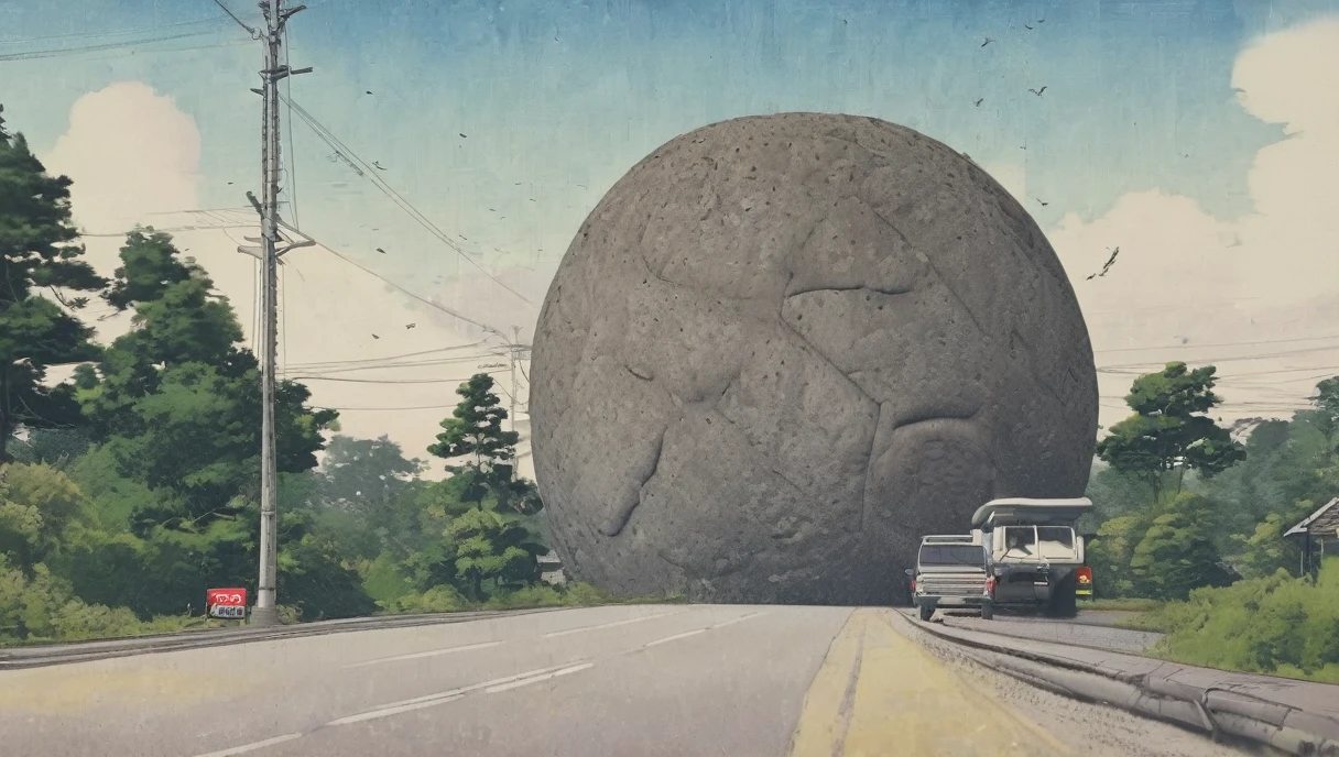 Illustration of a big giant round rock blocking the road、forest