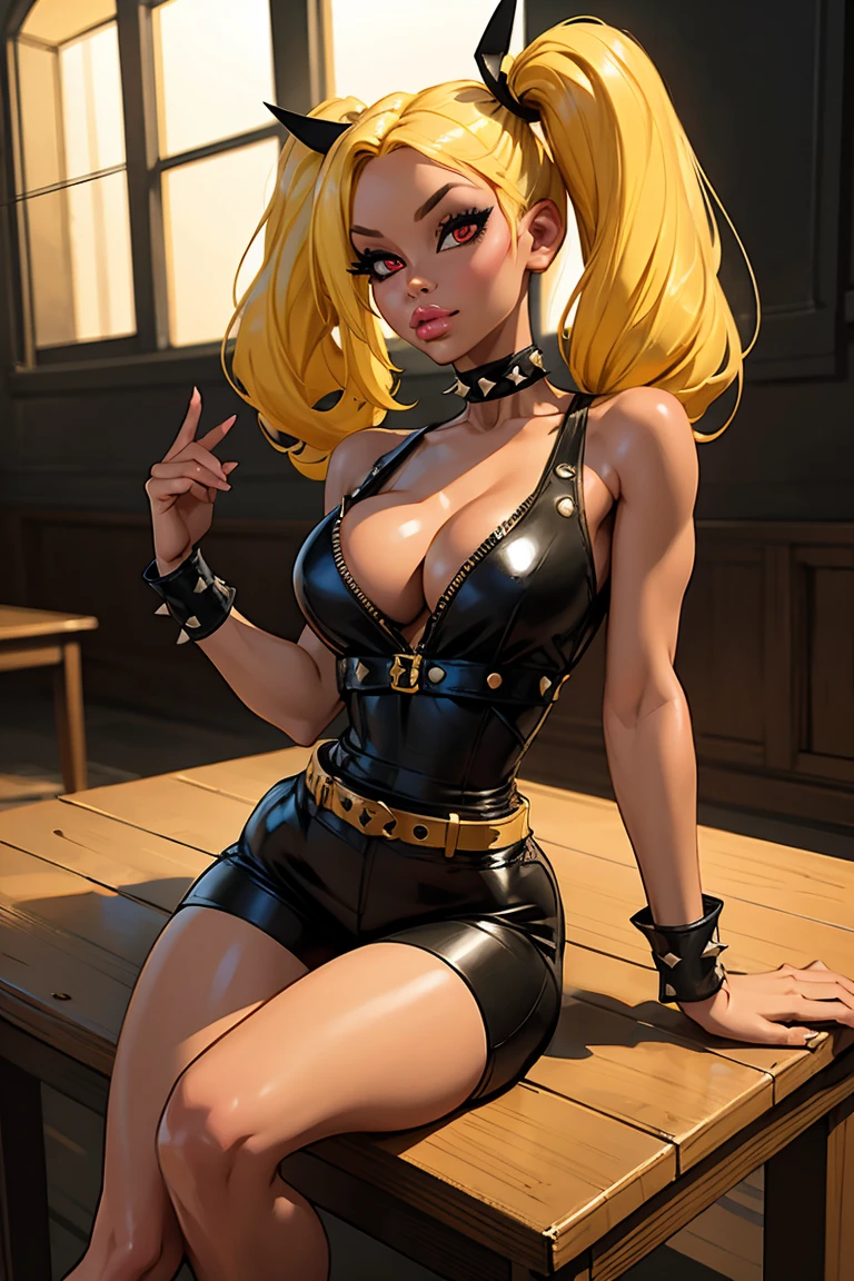 Highest quality)), ((masterpiece)), (detailed: 1.4) comic book cover style , (darkskin) black woman comic book style, wide , slim waist, score_9, score_8_up, score_7_up, score_9, score_8_up, score_7_up, 1girl, sitting, , pale skin, red eyes, thick black eyelashes, black eyeliner, dark eyeshadow, neon hair, light yellow hair, twintails, , cleavage cutout, spiked choker, spiked wristbands, black dress, leather shorts, leather harness,  shoulders, I'd like the picture to be created from a foreshortened perspective, where objects closer to the viewer appear larger and those farther away appear smaller. Think of it as a dynamic, exaggerated viewpoint."