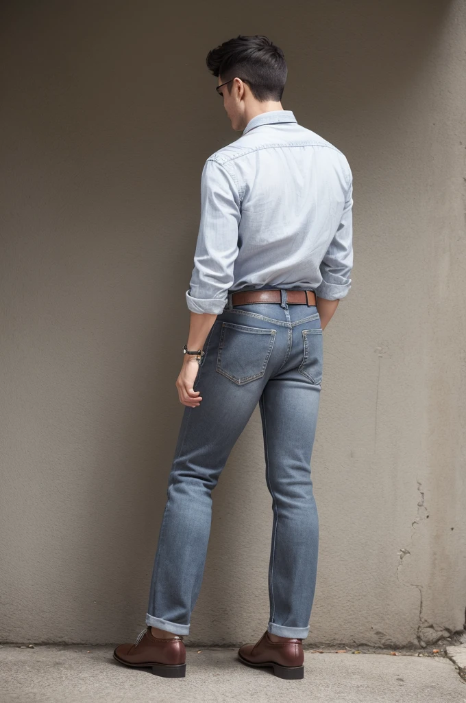 Man from behind old wide-legged jeans gray pointed-toe shoes