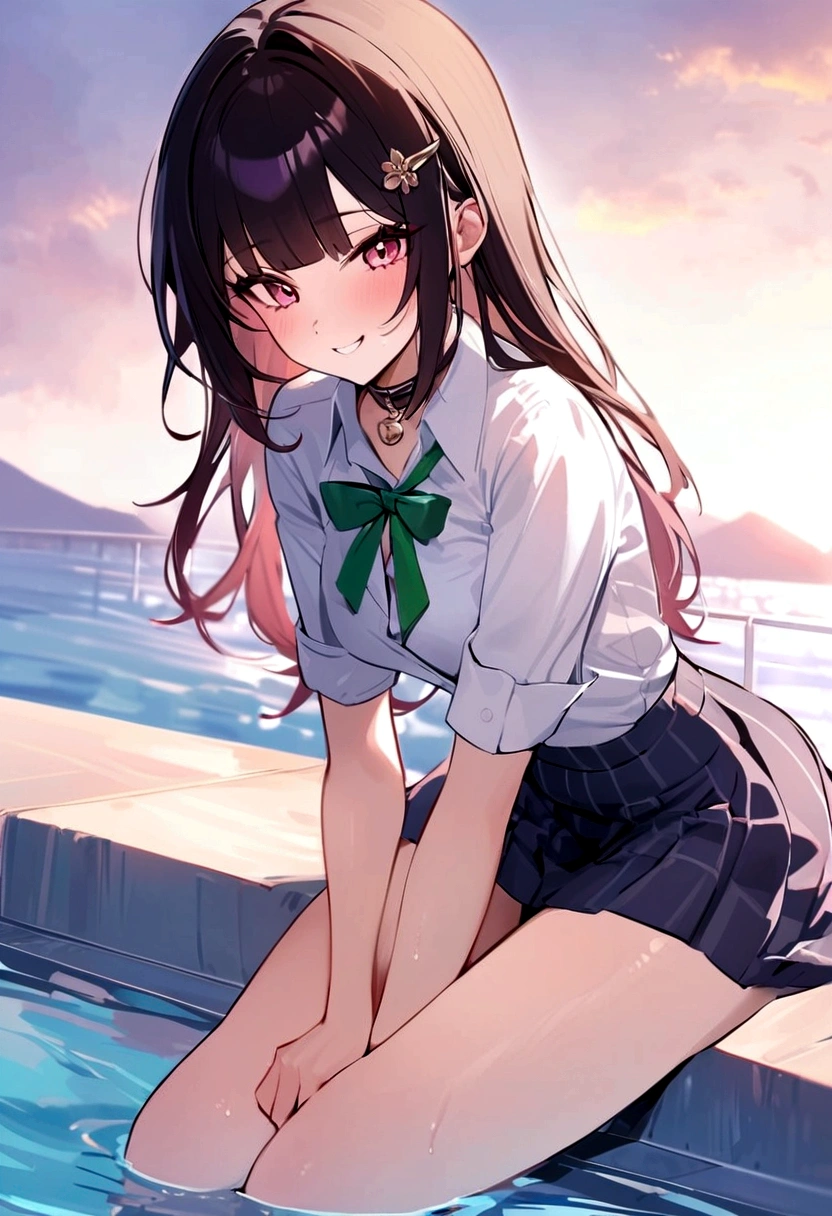 masterpiece, highest quality,One Girl,honkai_(series),shirt, head_ribbon,green_ribbon, Side Lock,With collar_shirt, smile, hair_ornament, hair_intake, honkai:_star_rail, ribbon, Open_Clothes, School_uniform, alone, hairclip,nsfw,Outdoor,Poolside,shirtを脱ぐ,Thighs,