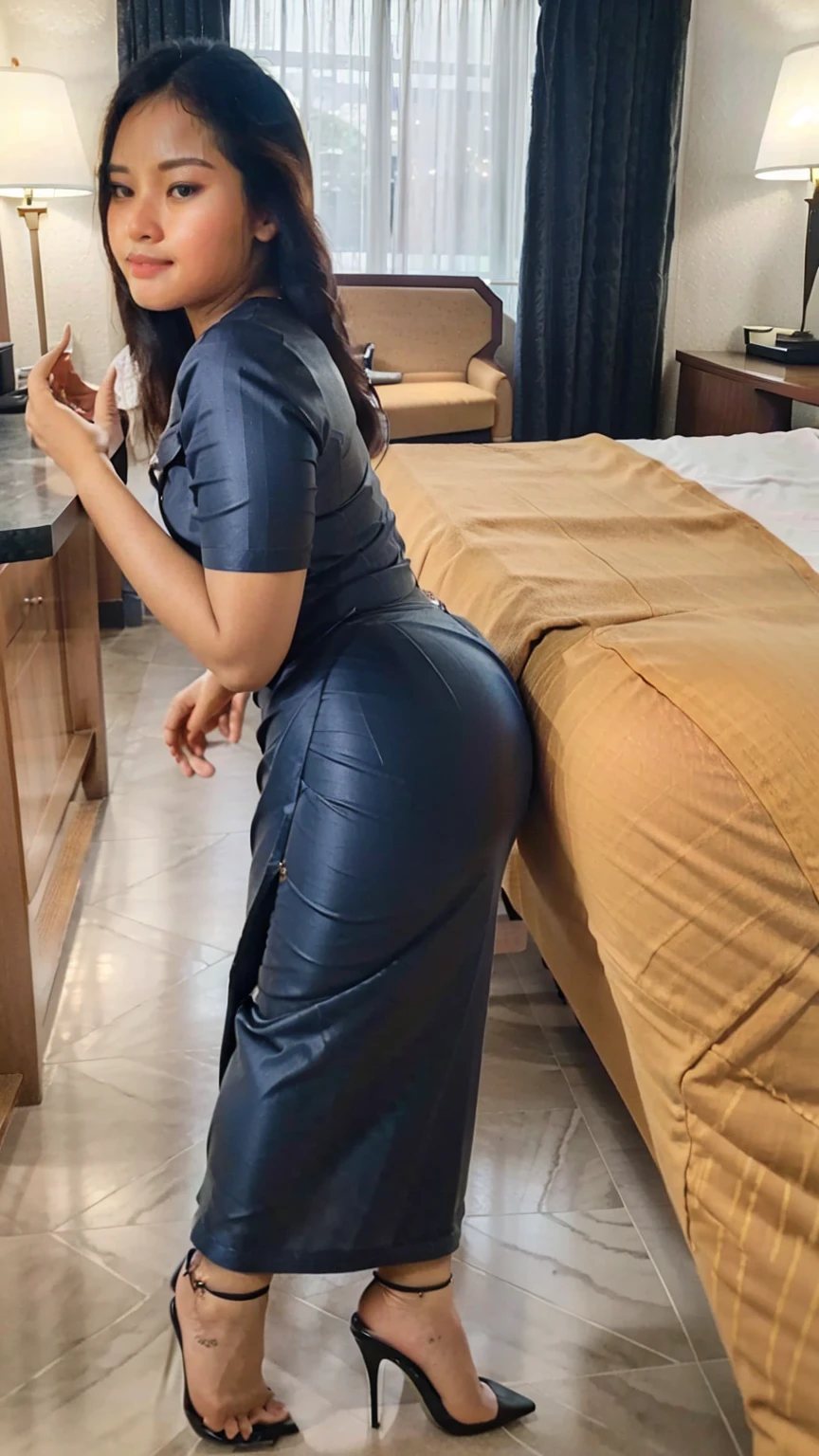 pretty aisan lady, pretty lady MoonLay, one girl, beautiful lady, beautiful face, cute smiling, bent over and stooping, seductively posing for photography, ((at hotel room:1.5)), (bent over and arms down on matteress:1.3), ((lift up waist:1.2)), ((pouting ass:1.2)), ((clinging panty line:1.4)), ((full body view tilt rear view:1.5)),, (short legs), (slim waist and voluptuous body), wearing Myanmar traditional attire, wearing acmm long skirt, tight skirt, sating glossy orange color dress, satin glossy orange color skirt, with stiletto high heel, fine shadow, realistic added shadow, dramatic lighting, professional color graded, nikon d850 film stock photograph, cinematic lighting, cinematic shot, 4k resolution,