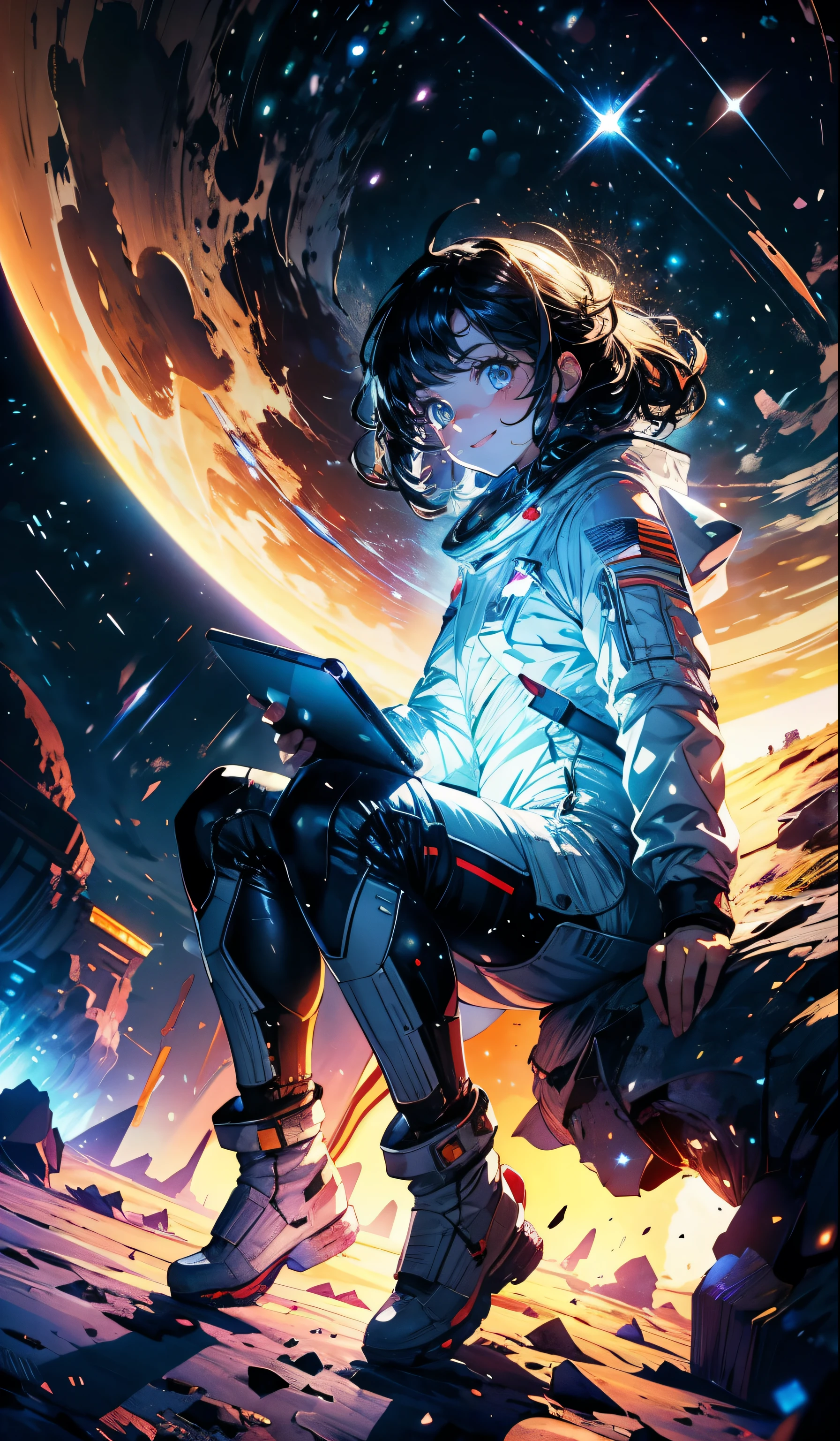 Astronaut, sitting on a moon-like surface, with a spaceship in the background, wearing a silver-white spacesuit, holding a tablet with stargazing data, smiling at the vast, starry sky, with a subtle glow of Stellara-infused light around her, gentle crater dust on the surface beneath her feet, low angle of the setting sun casting a warm glow, deep blue and purple hues of the sky, few scattered stars in the sky, NASA-style logos on the spaceship's hull, soft Earth glow on the horizon