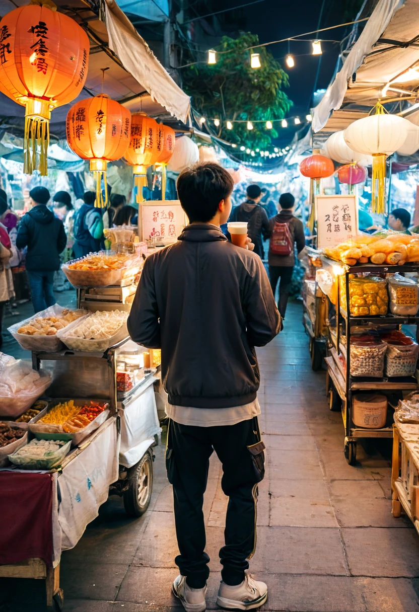 (Back View:1.2), The strollers of the night market, as night falls, the noisy night market is brightly lit. Various snacks on the stalls emit tempting fragrances, and the crowd is bustling with laughter and joy. A young man in casual attire, holding a cup of hot milk tea, leisurely shuttles through the night market. He occasionally stops and curiously observes various small things, occasionally conversing with the vendor with a satisfied smile on his face, (masterpiece, best quality, Professional, perfect composition, very aesthetic, absurdres, ultra-detailed, intricate details:1.3)