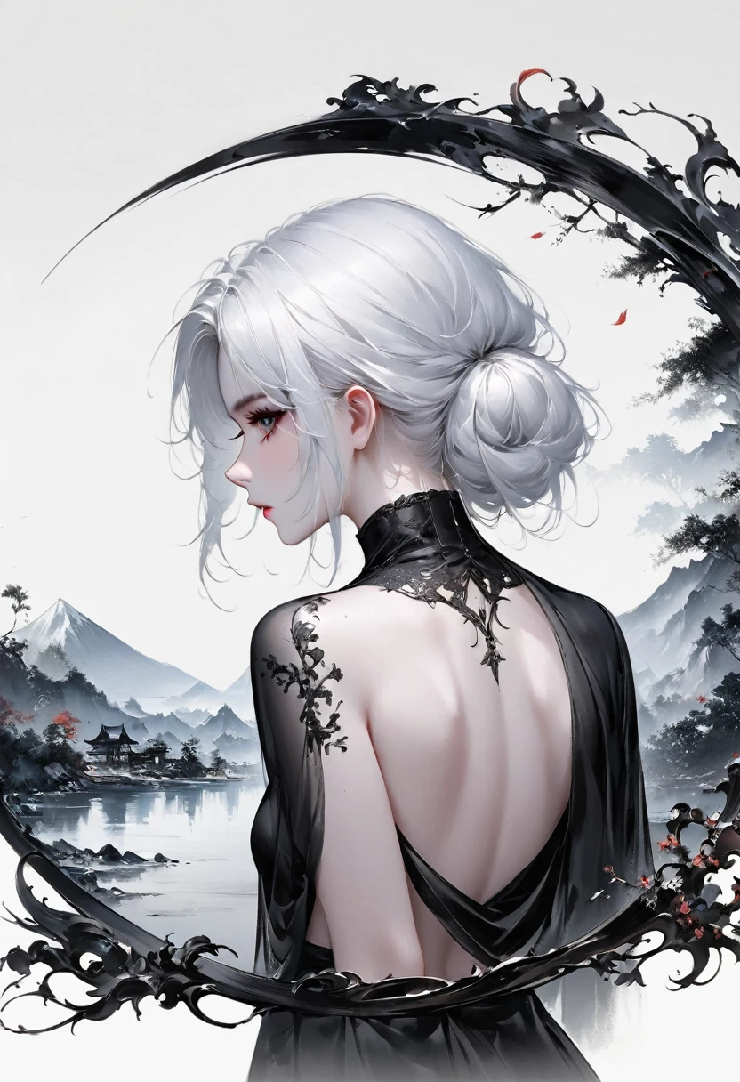 (Lots of white space:1.5)，(Lots of white space around:1.6), White background, simple, Minimalism, abstract,Freehand，Aesthetic，black and white，Ink Painting，antiquity，a mountain，一个远处的Back，(Back:1.7),A beautiful artistic illustration, author：Li Song, Arte no estilo de guweiz, arte shin jinyoung, Obra-prima de guweiz, Ross chart 1. 0, Beautiful digital illustrations, Inspired by non-WLOP, Cute and cute digital art, jingna zhang, guweiz, Stunning digital illustrations